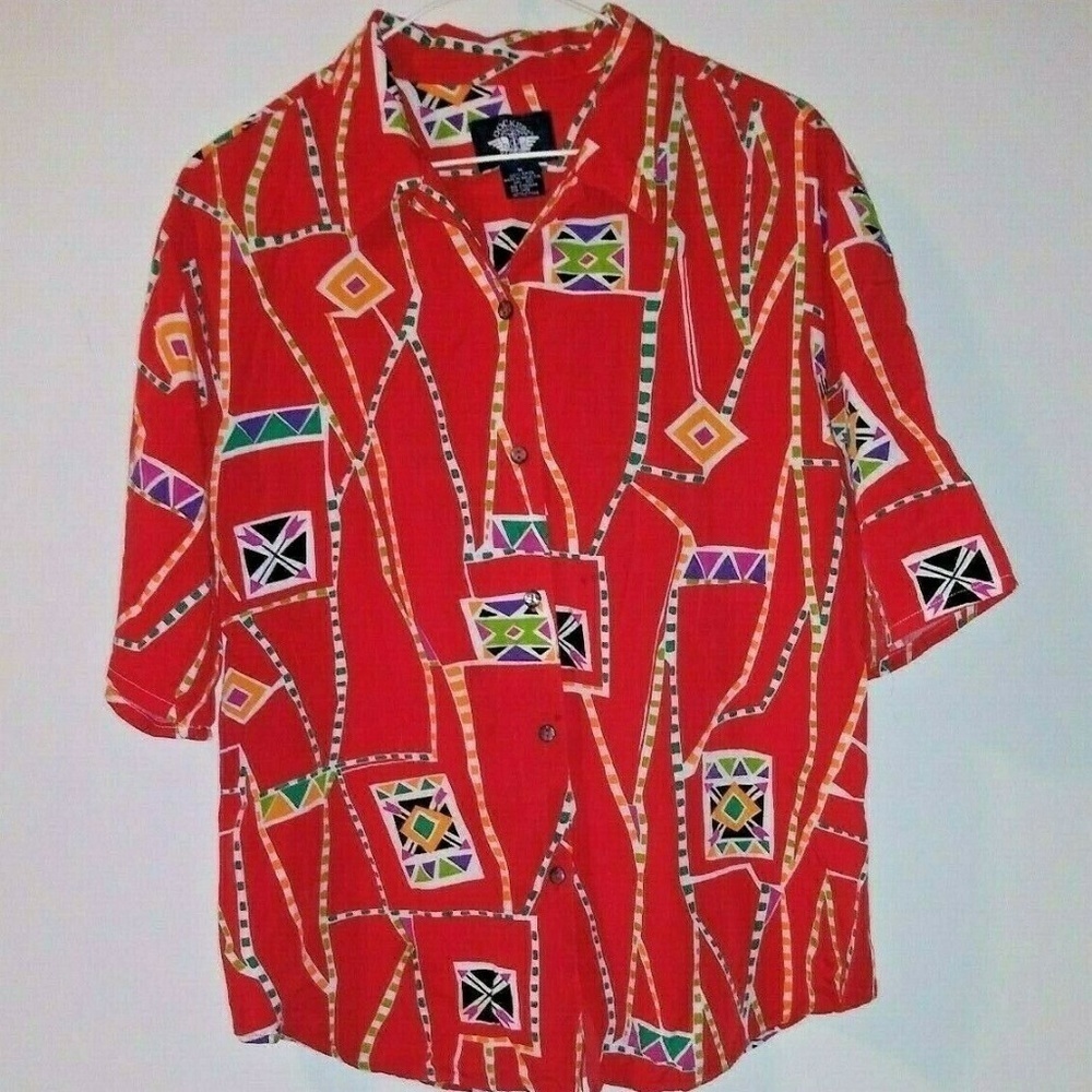 Womens Christmas top Red Bold print Geometric Sz M